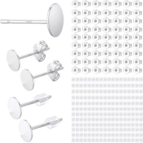 30PCS Silver Flat Pad Earring Studs with Butterfly and Rubber Earring Backs Hypoallergenic 925 Sterling Silver Post for DIY Jewelry Making Findings in Saudi Arabia