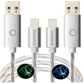 momen LED Charger Cable, 2 Pack 10FT Lightning Cable MFi Certified Data Sync Cord Compatible 13/12/11/XS Max/XS/XR/X/8/7/Plus/SE/iPad,iPhone Charger Cord Blue & Green