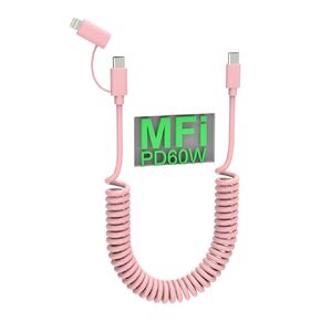 2 in 1 Coiled USB-C to USB C and Lightning Cable - USB C to USB C[60W] + Lightning[27W] Cable for iPhone15/Android Auto/Apple CarPlay/Car, USB C iPhone Cord with Data Sync, Pink