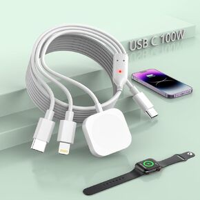 كابل شحن سريع USB C 100 واط متعدد 3 في 1 لشاحن ساعة Apple الذكية، شاحن i-Watch متعدد + Lightning + شاحن من النوع C كومبو iWatch Series 9 SE 8 7 6 5 4 3 2/iPhone 15 14 13/iPad Pro -6 أقدام