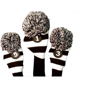 Majek Golf Club Head Covers: Black & White Limited Edition Tour Knit Retro Old School Vintage Stripe Pom Pom Throwback Classic Long Neck 460cc Driver Fairway Metal Wood Longneck Drivers Headcovers
