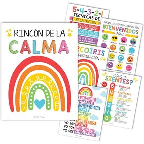 6 Colorful Spanish Classroom Decorations for Teachers - Spanish Classroom Posters Elementary, Calm Down Corner Posters Español, Emociones Poster Spanish, Afirmaciones Positivas Español Poster