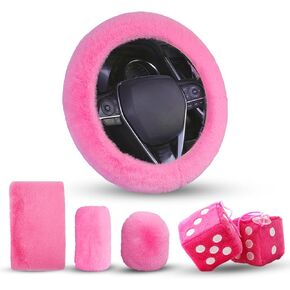 5pcs Fluffy Car Steering Wheel Cover Accessories with Handbrake Cover Gear Shift Knob Cover Center Console Cover Dice Mirror Hanging, Cute Pink Warm Non-Slip Car Decoration for Girls Women in Kuwait