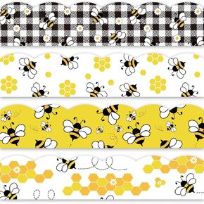 Whaline 60Pcs Bee Bulletin Board Borders 69Ft Yellow Black Cartoon Bee Honeycomb Bulletin Board Sticker Black White Plaid Daisy Flower Border Trim for World Bee Day Summer Party Home Office Decoration