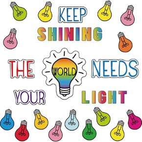 67pcs Light Bulb Keep Shining Classroom Bulletin Board Sets with Positive Sayings Accents, Motivational Inspirational Home-School Wall Decors with Light Bulb Cutouts