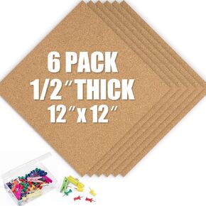 Cork Board Tiles 12" X 12" - 1/2" Thick Square Felt Cork Bulletin Board for Wall, 6 Pack Self Adhesive Notice Pin Board Picture Board with 60 Push Pins for School, Home & Office Decor, Black