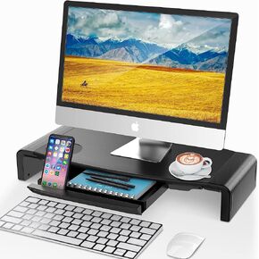 AboveTEK Monitor Stand Riser, Foldable Computer Monitor Riser with Drawer, Height Adjustable Computer Monitor Stands and Risers, Phone Stand for PC, Desktop, Laptop, Printer Save Space (Black)