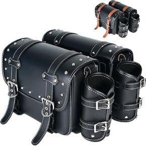 PVC Leather Motorcycle SaddebagslThrow Over Saddle bagslPanniers Side Bags with cup holderlWaterprooflSide Tool BaglStorage Tool Bag for Motorbike,Universall,1PairlBrown beltlBlack