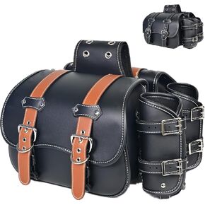PVC Leather Motorcycle SaddebagslThrow Over Saddle bagslPanniers Side Bags with cup holderlWaterprooflSide Tool BaglStorage Tool Bag for Motorbike,Universall,1PairlBrown beltlBlack