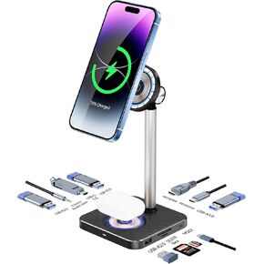 Laptop Docking Station with Wireless Charging Stand Mag-Safe Charger Stand Magnetic Phone Tablet Stand with USB C Hub for MacBook Dell HP iPad Mini Air Pro Galaxy tab iPhone 15/14/13/12 Series AirPods