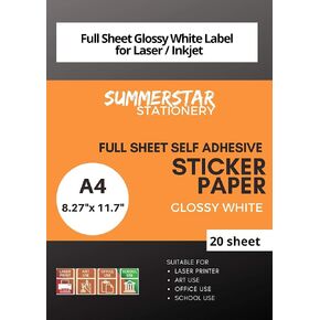 Glossy White Sticker Paper Label - Printable Blank Full Sheet for Laser/Inkjet Printer - Self Adhesive A4 Letter Size (20 Sheet Pack)