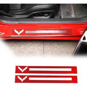 Car Door Sill Protector Cover,Carbon Fiber Inner Door Sill Anti-Slip Guard Trim 2PCS, Interior Door Sill Cover Scuff Plate Trim Sticker Compatible with Chevrolet Corvette C7 2014-2019 (Red Carbon)
