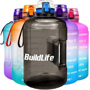 BuildLife Gallon Water Bottles with Times to Drink - Gallon Water Jug - 1 Gallon Water Bottle–128 oz Water Bottle,One Gallon Water Bottle with Time Marke and Flip Top Leak Proof Lid for Gym