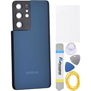 Navy Blue Acrylic Glass Back Cover Replacement for Samsung Galaxy S21 Ultra 5G SM-G998B with Rear Camera's Frame and Glass Pre Cut Adhesive and Tool Kit