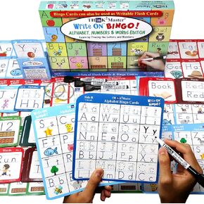 Think2Master Bingo & Flashcards. Alphabet, Numbers, Words (PreK, Kindergarten, 1st) Claim Squares By Writing On The Card. Educational Game for Families, Home School & Classrooms. Learn To Read & Write