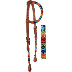 Horse Show Bridle Western Leather Headstall Beaded Overlay One Ear 79RT04HA