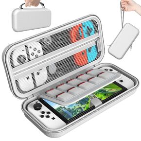 Switch Carrying Case Compatible with Nintendo Switch/Switch OLED, Portable Travel Carry Case for Switch Console & Accessories with 10 Games Cartridges, White