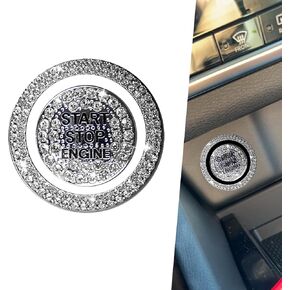 Pack-2 Bling Car One-Button Start Button Decorative Cover with Adhesive, Rhinestones Vehicle Outer Ring Sticker, Universal Waterproof Automotive Anti-Scratch Accessory (White)