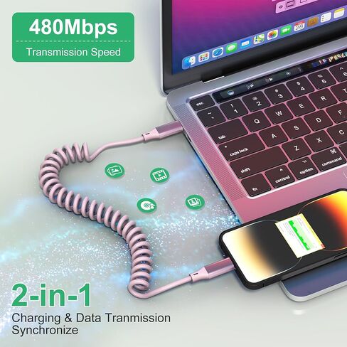 كابل ملفوف USB-C إلى Lightning [معتمد من MFi] كابل Apple CarPlay مع مزامنة البيانات، كابل شحن iPhone قصير قابل للسحب لأجهزة iPhone/Pad/Pod، وردي in Saudi Arabia