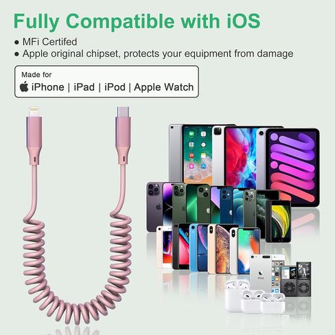 كابل ملفوف USB-C إلى Lightning [معتمد من MFi] كابل Apple CarPlay مع مزامنة البيانات، كابل شحن iPhone قصير قابل للسحب لأجهزة iPhone/Pad/Pod، وردي in Saudi Arabia