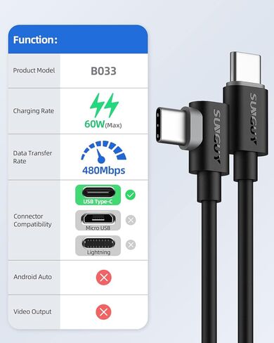 كابل SUNGUY USB C إلى USB C بطول 1 قدم [عبوة من قطعتين]، زاوية قائمة 90 درجة من النوع C إلى C 60 وات PD شحن سريع متوافق مع Samsung Galaxy S21 S20 S10 وMacBook Air/Pro وiPad Pro 2020 وPixel 4/3 XL in Kuwait