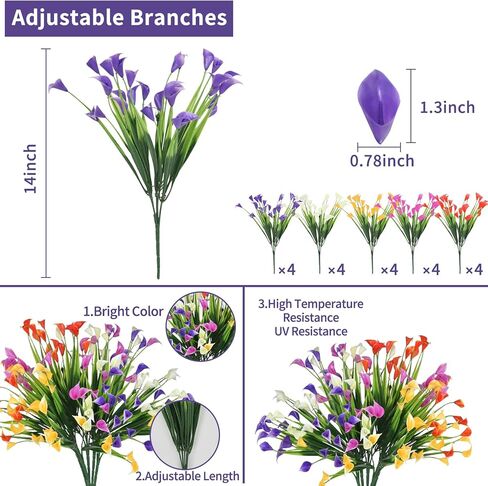 20 حزمة من الزهور الاصطناعية للأماكن الخارجية وزهور زنبق الكالا المزيفة ونباتات بلاستيكية صناعية مقاومة للأشعة فوق البنفسجية وزهور الصيف للحديقة والشرفة والفناء والمكتب ونافذة الطاولة وديكورات المنزل، متعددة الألوان in Kuwait