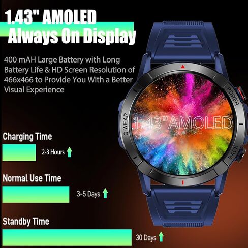 ساعات ذكية عسكرية للرجال مع مكالمة بلوتوث 1.43 بوصة AMOLED دائمًا على الشاشة ساعة ذكية تكتيكية متينة في الهواء الطلق مع معدل ضربات القلب ومراقبة ضغط الدم والنوم ساعة لياقة بدنية رياضية لنظام Android iOS in Kuwait