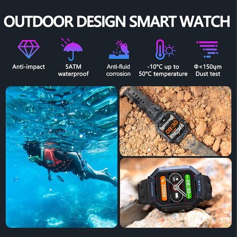 Android Smart Watches for Men IP68 Waterproof Fitness Tracker Rugged Military Tactical Smartwatch for Android iPhones with Heart Rate Blood Pressure Monitor Watch in Saudi Arabia