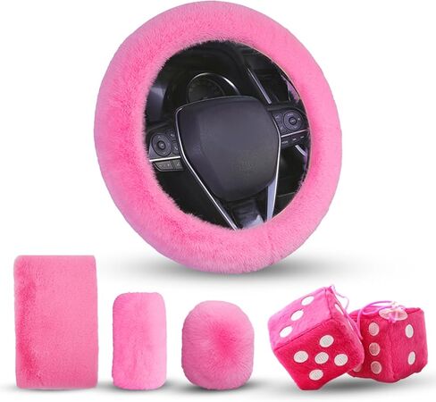5pcs Fluffy Car Steering Wheel Cover Accessories with Handbrake Cover Gear Shift Knob Cover Center Console Cover Dice Mirror Hanging, Cute Pink Warm Non-Slip Car Decoration for Girls Women in Kuwait