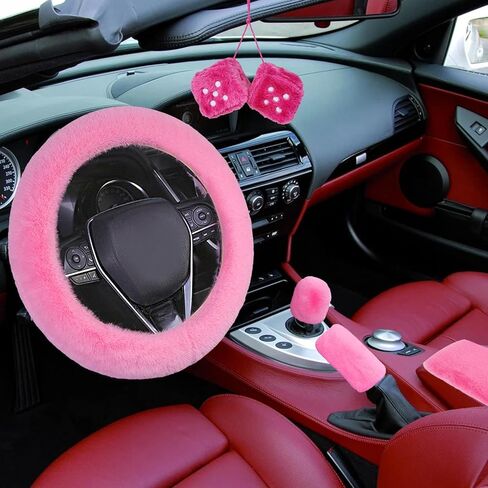 5pcs Fluffy Car Steering Wheel Cover Accessories with Handbrake Cover Gear Shift Knob Cover Center Console Cover Dice Mirror Hanging, Cute Pink Warm Non-Slip Car Decoration for Girls Women in Kuwait