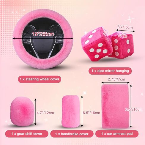 5pcs Fluffy Car Steering Wheel Cover Accessories with Handbrake Cover Gear Shift Knob Cover Center Console Cover Dice Mirror Hanging, Cute Pink Warm Non-Slip Car Decoration for Girls Women in Kuwait