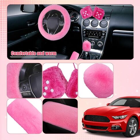 5pcs Fluffy Car Steering Wheel Cover Accessories with Handbrake Cover Gear Shift Knob Cover Center Console Cover Dice Mirror Hanging, Cute Pink Warm Non-Slip Car Decoration for Girls Women in Kuwait