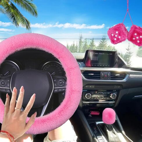 5pcs Fluffy Car Steering Wheel Cover Accessories with Handbrake Cover Gear Shift Knob Cover Center Console Cover Dice Mirror Hanging, Cute Pink Warm Non-Slip Car Decoration for Girls Women in Kuwait