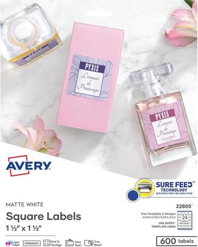 AVERY Square Labels, Laser & Inkjet Printers, Sure Feed, Print-to-The-Edge, 1.5" x 1.5", 600 Labels (22805), White (Pack of 2) in Saudi Arabia