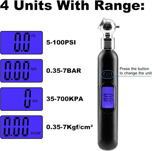 مقياس ضغط الإطارات الرقمي من CZC AUTO، 4 إعدادات لفحص الضغط الصغير حتى 100 رطل لكل بوصة مربعة (7 بار)، شاشة LCD بإضاءة خلفية وأداة على شكل قلم رصاص للسيارات والدراجات النارية، أسود in Kuwait
