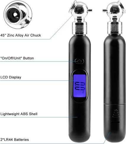 مقياس ضغط الإطارات الرقمي من CZC AUTO، 4 إعدادات لفحص الضغط الصغير حتى 100 رطل لكل بوصة مربعة (7 بار)، شاشة LCD بإضاءة خلفية وأداة على شكل قلم رصاص للسيارات والدراجات النارية، أسود in Kuwait