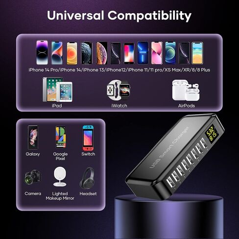 شاحن USB، محطة شحن HYUZO 40W 8 منافذ لأجهزة متعددة، محطة شحن متعددة مع شاشة LCD، شاحن سريع لهاتف iPhone 15/14/13/12، Samsung S23/S22/S21، الكمبيوتر اللوحي، سطح المكتب in Kuwait