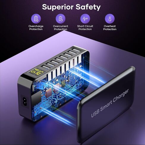 شاحن USB، محطة شحن HYUZO 40W 8 منافذ لأجهزة متعددة، محطة شحن متعددة مع شاشة LCD، شاحن سريع لهاتف iPhone 15/14/13/12، Samsung S23/S22/S21، الكمبيوتر اللوحي، سطح المكتب in Kuwait