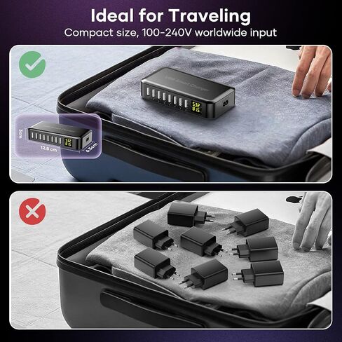 شاحن USB، محطة شحن HYUZO 40W 8 منافذ لأجهزة متعددة، محطة شحن متعددة مع شاشة LCD، شاحن سريع لهاتف iPhone 15/14/13/12، Samsung S23/S22/S21، الكمبيوتر اللوحي، سطح المكتب in Kuwait