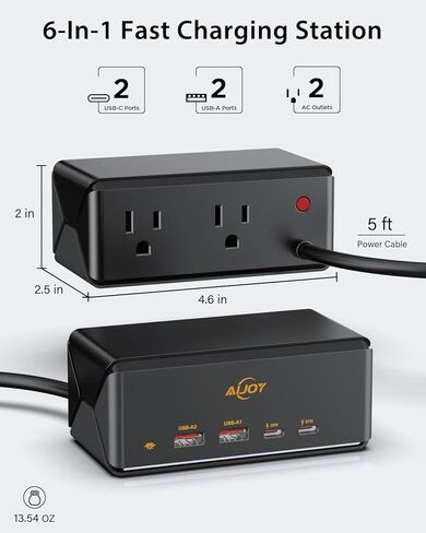 محطة شحن AiJoy بقدرة 67 وات، شريط طاقة 7 في 1 مع 2USB C، 2USB A، 2 منافذ تيار متردد، سلك تمديد بطول 5 أقدام مع منافذ متعددة، ضوء ليلي، شاحن USB C سريع لأجهزة MacBook، iPhone 15، غرفة النوم بالمكتب المنزلي in Kuwait