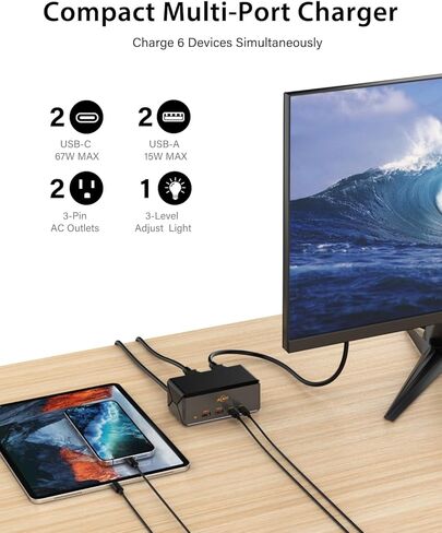 محطة شحن AiJoy بقدرة 67 وات، شريط طاقة 7 في 1 مع 2USB C، 2USB A، 2 منافذ تيار متردد، سلك تمديد بطول 5 أقدام مع منافذ متعددة، ضوء ليلي، شاحن USB C سريع لأجهزة MacBook، iPhone 15، غرفة النوم بالمكتب المنزلي in Kuwait