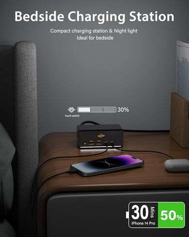 محطة شحن AiJoy بقدرة 67 وات، شريط طاقة 7 في 1 مع 2USB C، 2USB A، 2 منافذ تيار متردد، سلك تمديد بطول 5 أقدام مع منافذ متعددة، ضوء ليلي، شاحن USB C سريع لأجهزة MacBook، iPhone 15، غرفة النوم بالمكتب المنزلي in Kuwait