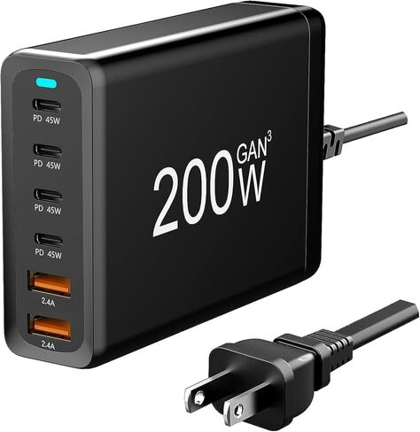 كتلة شاحن USB C بقدرة 200 وات، محطة شحن سريعة GaN III 6 منافذ USB C PPS PD 45 وات متوافقة مع MacBook Pro/Air، DELL، HP Surface، iPhone 15/Pro/14/13، Galaxy S23، Steam Deck إلخ in Kuwait