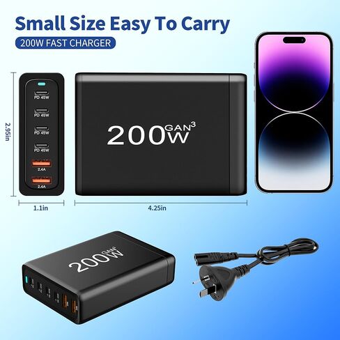 كتلة شاحن USB C بقدرة 200 وات، محطة شحن سريعة GaN III 6 منافذ USB C PPS PD 45 وات متوافقة مع MacBook Pro/Air، DELL، HP Surface، iPhone 15/Pro/14/13، Galaxy S23، Steam Deck إلخ in Kuwait