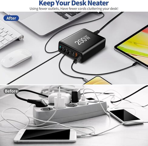 كتلة شاحن USB C بقدرة 200 وات، محطة شحن سريعة GaN III 6 منافذ USB C PPS PD 45 وات متوافقة مع MacBook Pro/Air، DELL، HP Surface، iPhone 15/Pro/14/13، Galaxy S23، Steam Deck إلخ in Kuwait