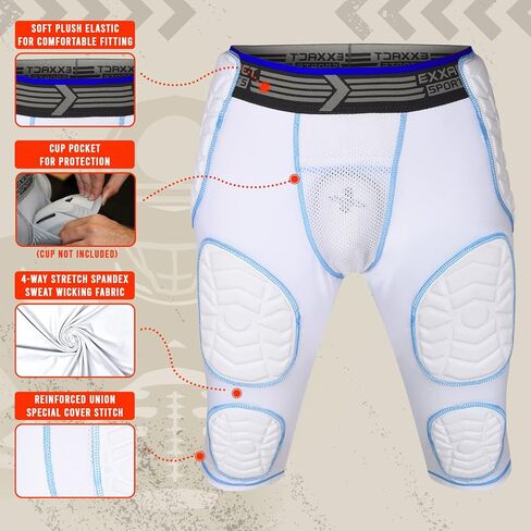 حزام كرة القدم للشباب Exxact Sports Combat 7-Pad - حزام مبطن لكرة القدم مع جيب على شكل كأس، شورت ضغط مبطن للأولاد in Saudi Arabia