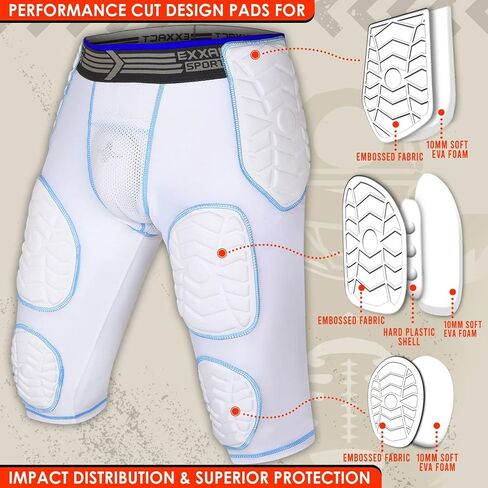 حزام كرة القدم للشباب Exxact Sports Combat 7-Pad - حزام مبطن لكرة القدم مع جيب على شكل كأس، شورت ضغط مبطن للأولاد in Saudi Arabia