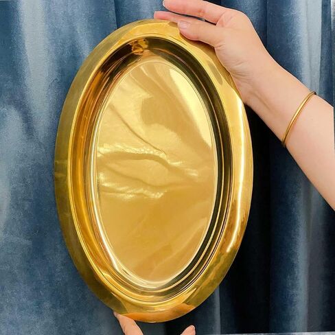 صينية بيضاوية من الفولاذ المقاوم للصدأ باللون الذهبي (13.7 بوصة) - ديكور منزلي عصري مثالي، صينية زخرفية أنيقة، مجوهرات، صينية عطر، صينية تقديم طاولة القهوة، أساسيات منزلية أنيقة ولامعة (كبيرة) in Kuwait