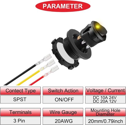 4Pcs Round Rocker Switch Shell DC 12V 20A 24V 10A,Yellow LED Lighted Switch SPST 3 Pin On Off 12 Volt DC Toggle Switch for Automotive Car Boat RV with Round Shell Locked Terminal Wires in Saudi Arabia