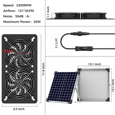 Upgraded Solar Powered Exhaust Fan, 20W Pro Solar Panel + Two High-Speed Solar Exhaust Fan for Greenhouse Chicken Coop Shed Pet House Outside (20W Pro) in Kuwait